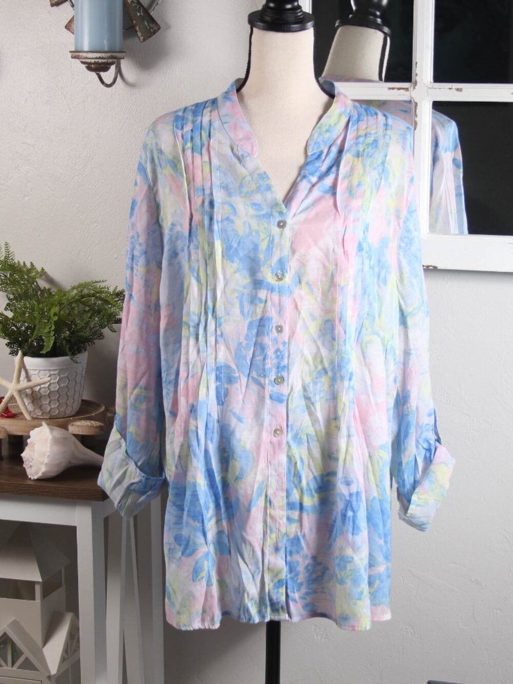 Ruby Rd 1X Pastel Watercolor Floral Button Front Blouse